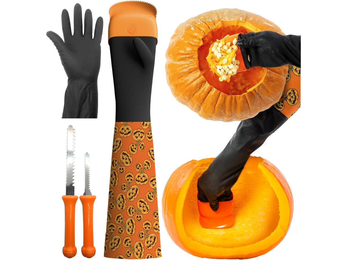 Pumpkin Carve Kit- gloves scooping in pumpkin -Kids Activities Blog