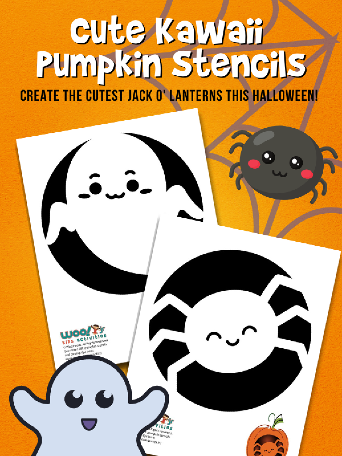 Pumpkin Carving Template- friendly smiling ghost and spider pictures with ghost and spider printables and text on an orange background-Kids Activities Blog