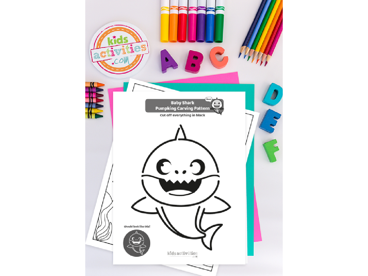Pumpkin Carving Template- baby shark printable with colorful accessories -Kids Activities Blog