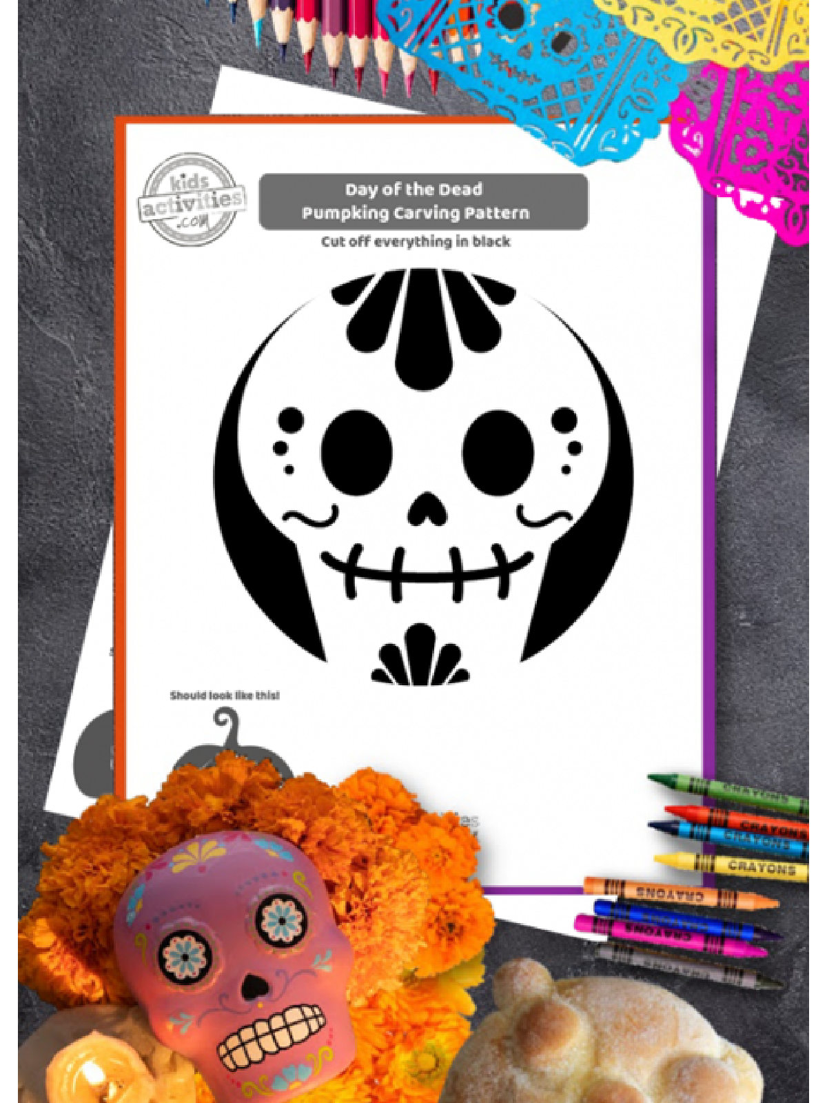 Pumpkin Carving Template- sugar skull printable with dia de los muertos background -Kids Activities Blog