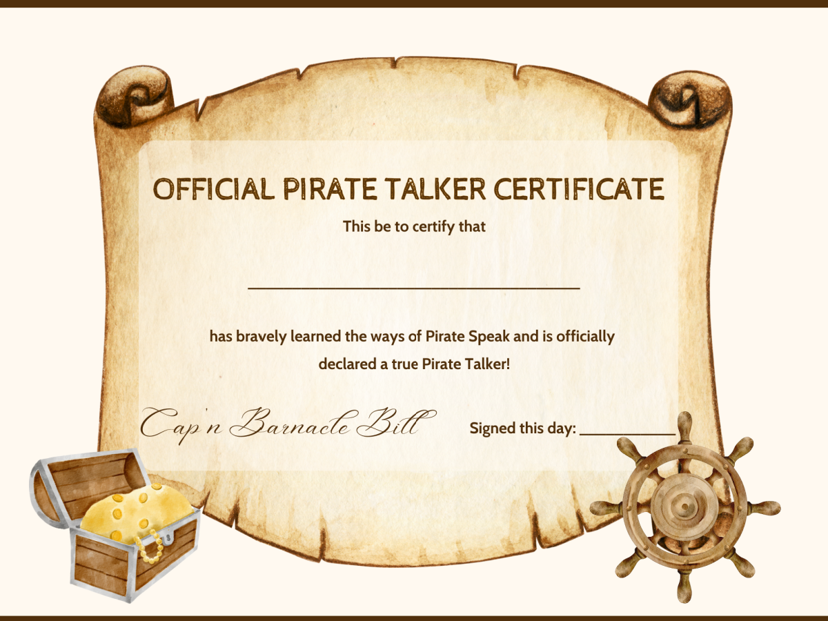 International Talk Like A Pirate Day- Official pirate certificate with pirate tools and accessories printed pdf file- Kids Activities Blog