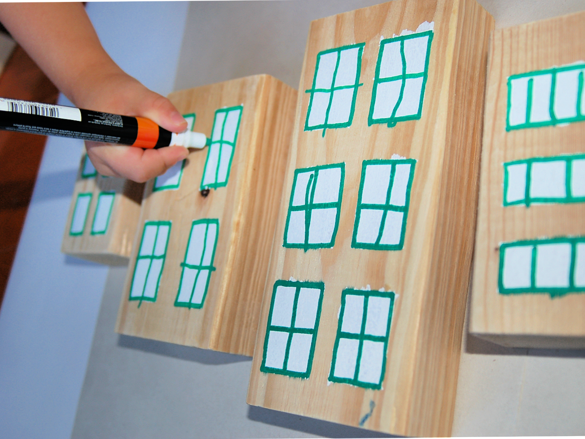 Wooden Town Blocks- Step 5 - Add details to your windows with paint markers- Kids Activities Blog