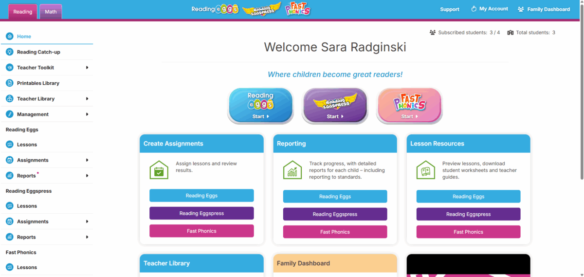Homeschool child assignment page inside Reading Eggs Homeschool Max