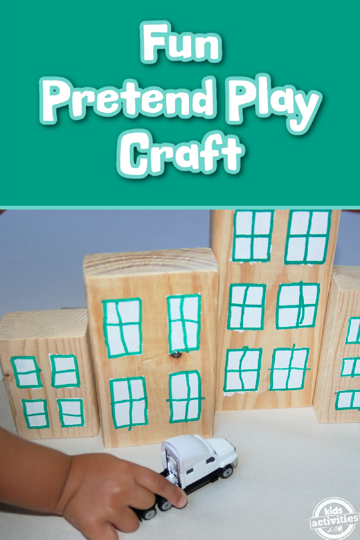 Wooden Town Blocks- blocks with a little hand pushing a toy car on a white and green background with text- kids activities blog