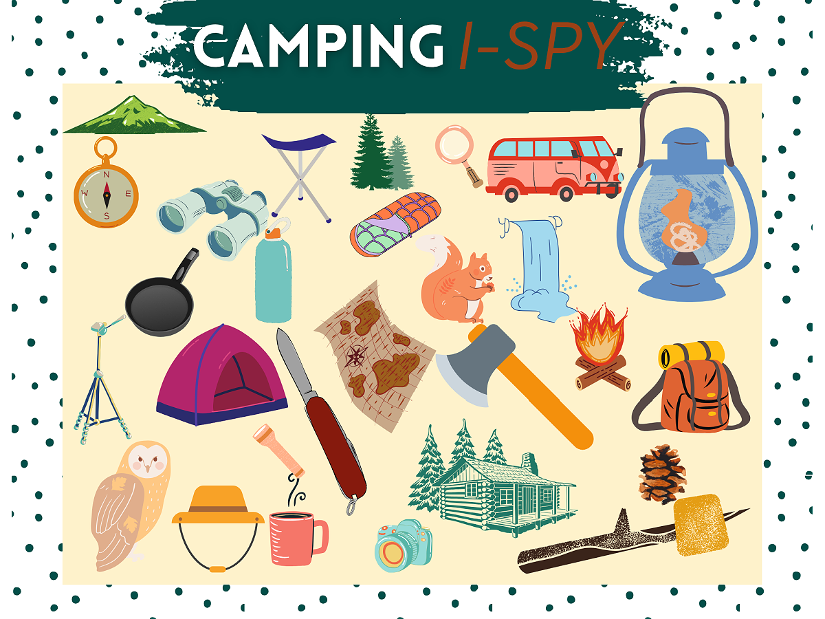 Camping I Spy Printable Worksheet- colorful i spy worksheet with pictures and text - Kids Activities Blog