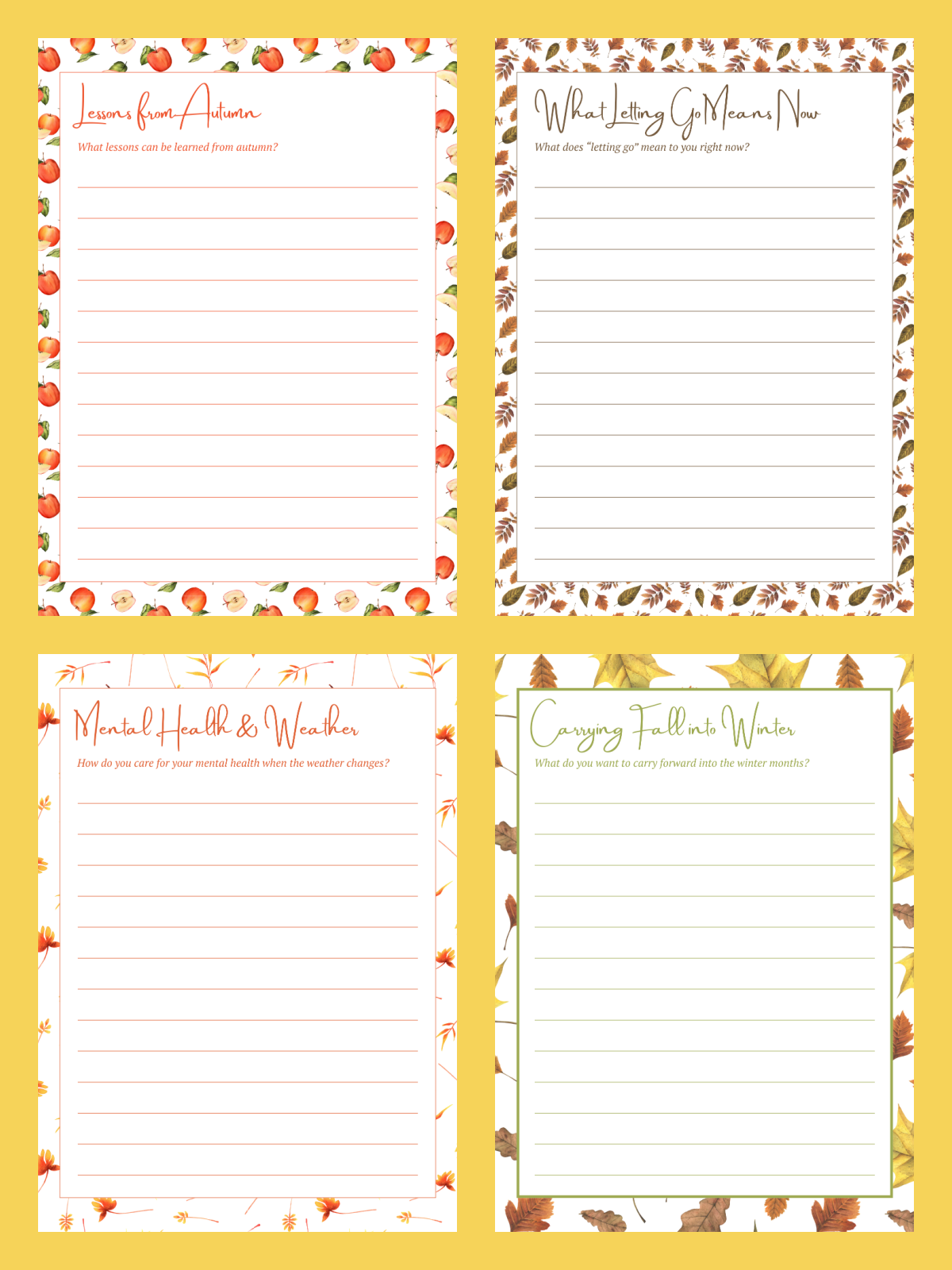 Fall Writing Journal Prompt- yellow background with 4 fall printables with text, images, and lines- kids activities blog