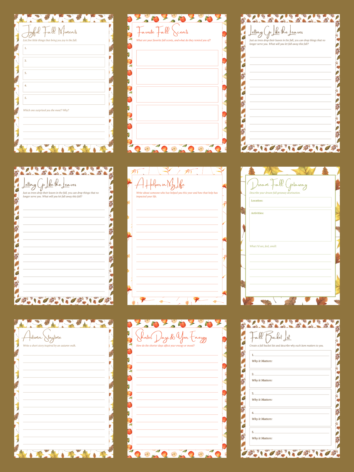 Fall Journal Writing Prompts- brown background with 9 different fall themed printables with text, images, and lines- kids activities blog