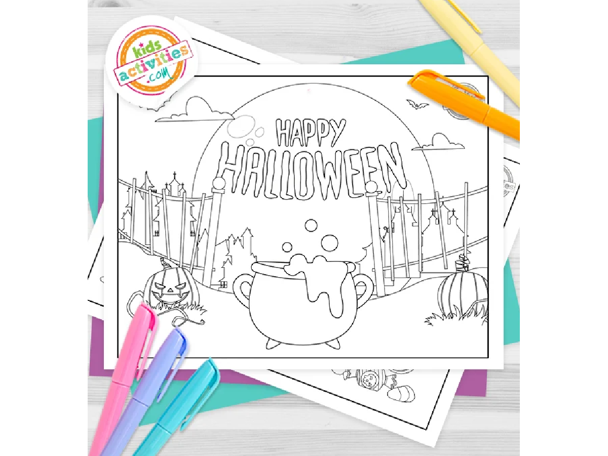 Halloween Coloring Page- black and white coloring page on a white background with coloring accessories - Kids Activities Blog