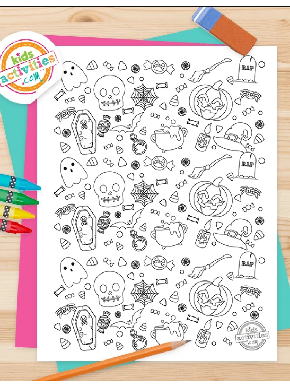 Halloween Coloring Page- black and white doodle coloring sheet with colorful background and accessories - Kids Activities Blog