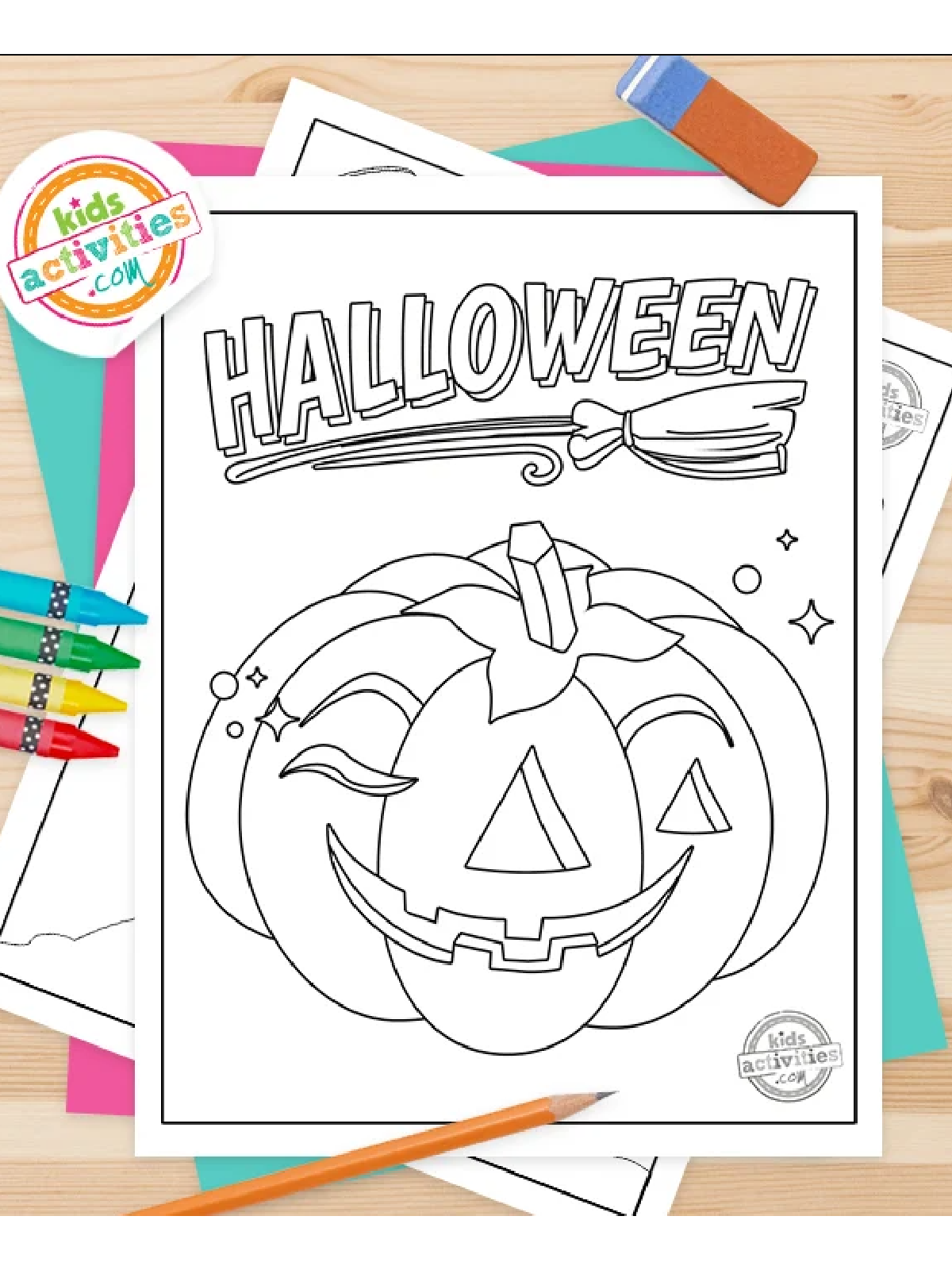 Halloween Coloring Page- classic coloring pages with jackolantern and text with coloring accessories- Kids Activities Blog