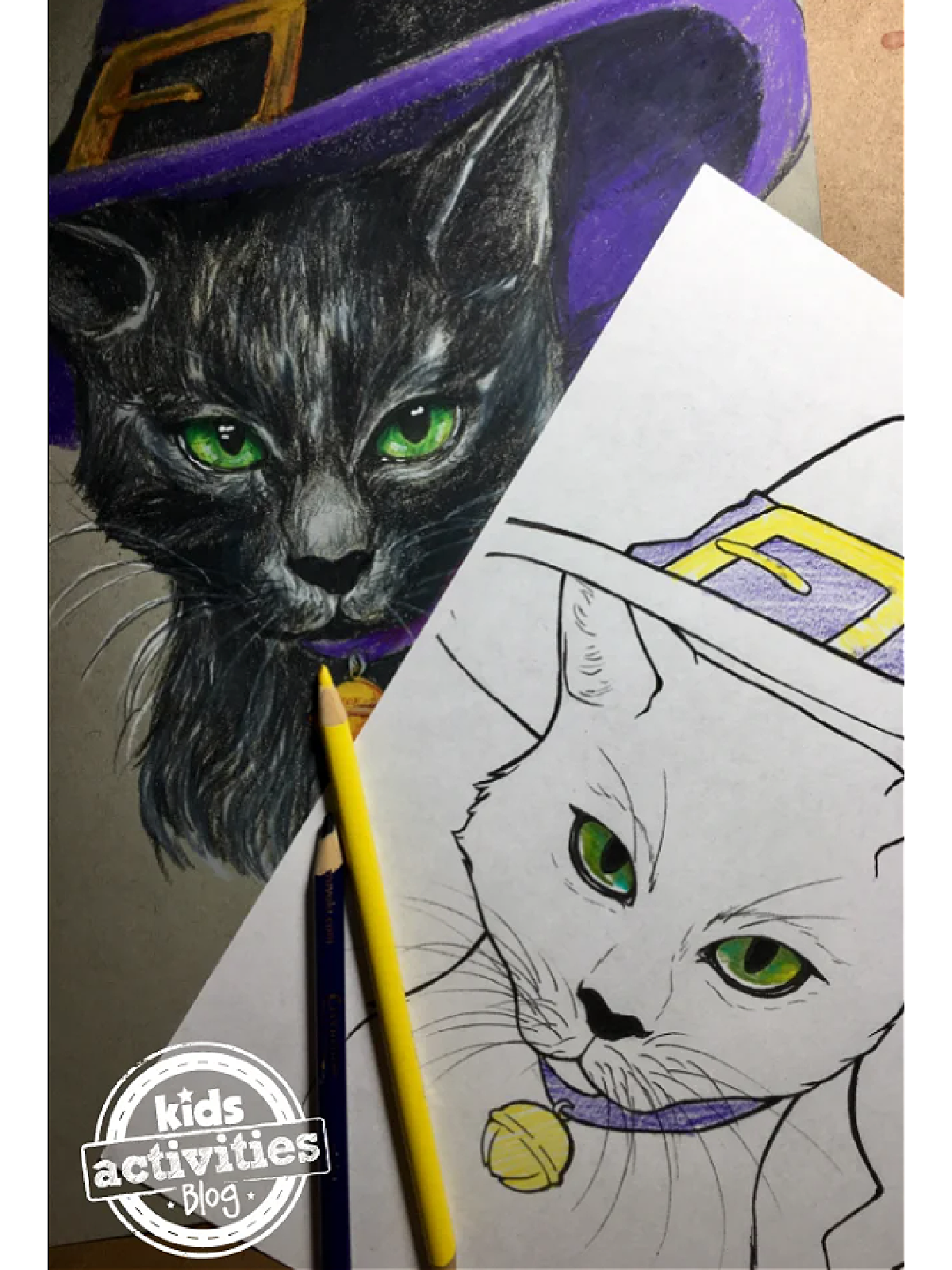 Halloween Coloring Page- Black cat coloring page colored and black and white - Kids Activities Blog