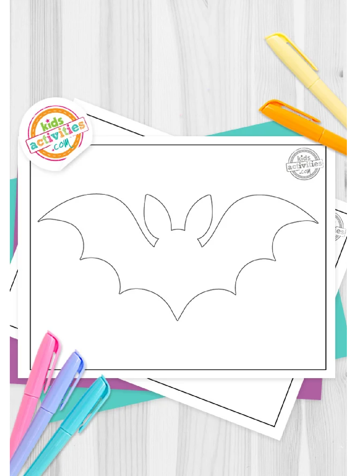 Halloween Coloring Page- black and white bat coloring page with colorful accessories- Kids Activities Blog