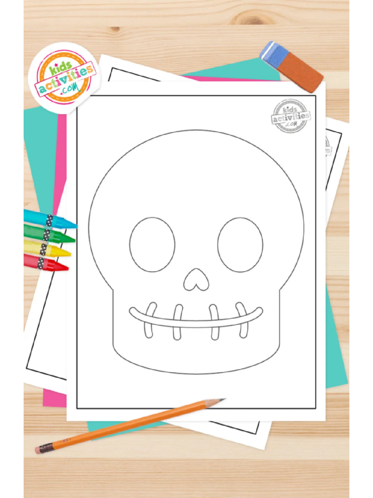 Halloween Coloring Page- Skull coloring sheet on colorful background with accessories - Kids Activities Blog