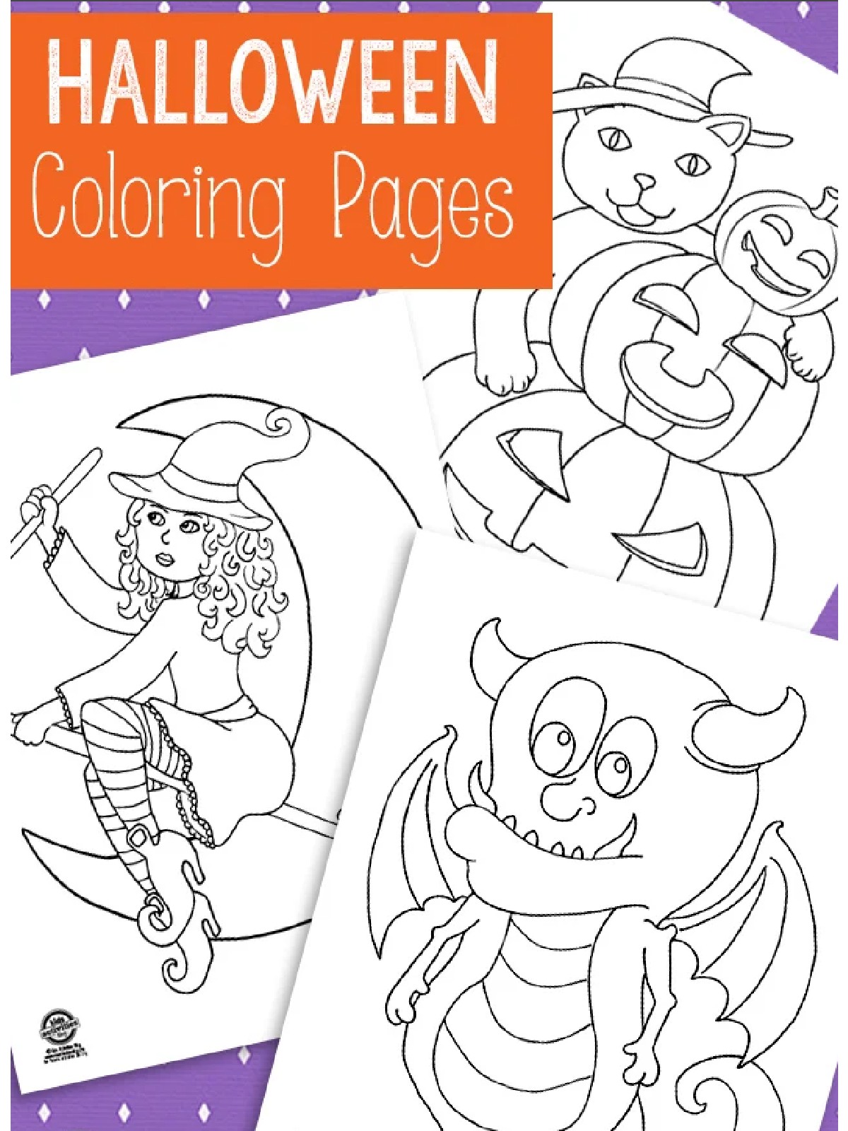 Halloween Coloring Page- coloring pages collage on a purple and orange background - Kids Activities Blog