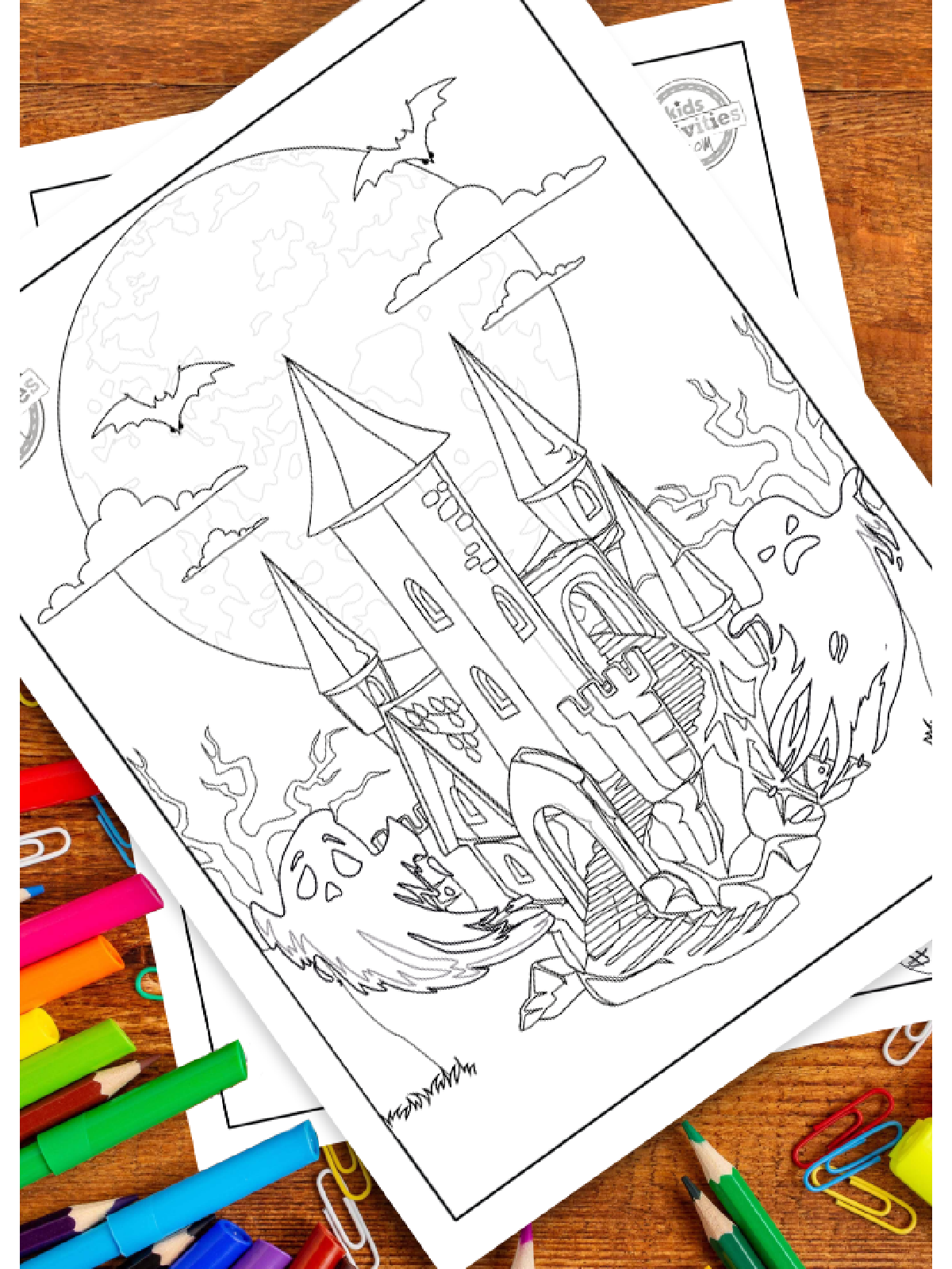 Halloween Coloring Page- haunted castle with spooky background - Kids Activities Blog