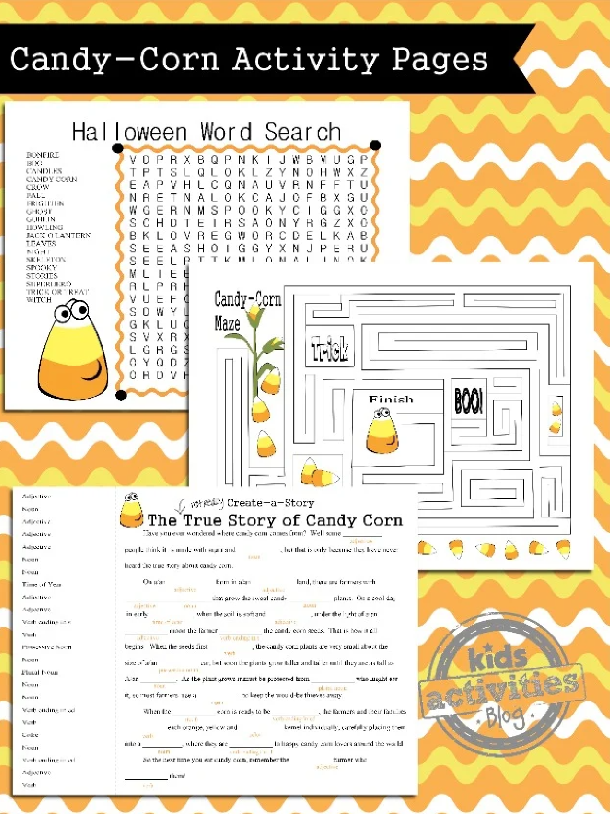 Halloween Puzzles- candy corn worksheet on a yellow background- Kids Activities Blog