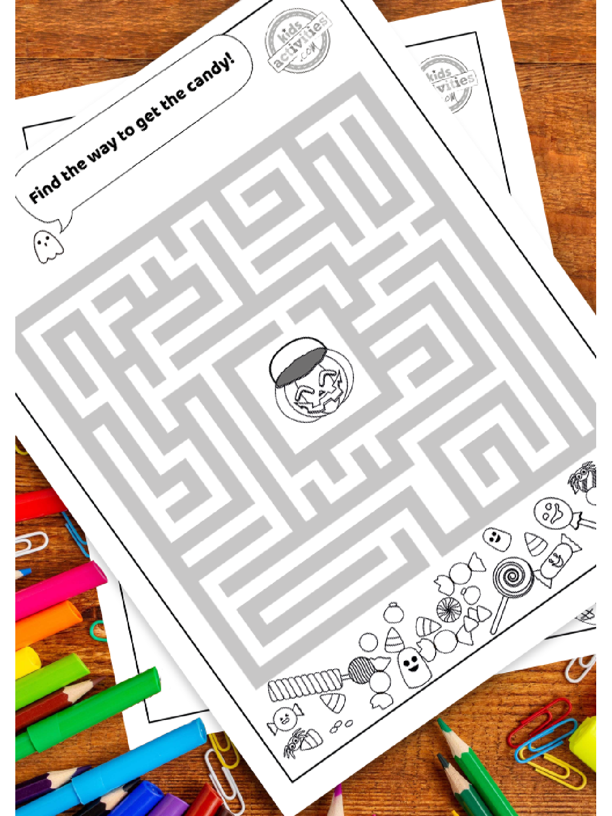 Halloween Puzzles- Maze with candy and pumpkins with coloring accessories - Kids Activities Blog