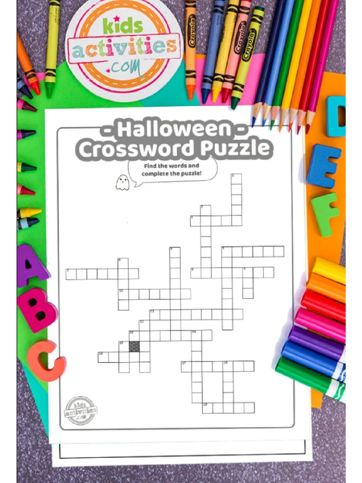 Halloween Puzzles- Crossword puzzle on a colorful background with accessories- Kids Activities Blog
