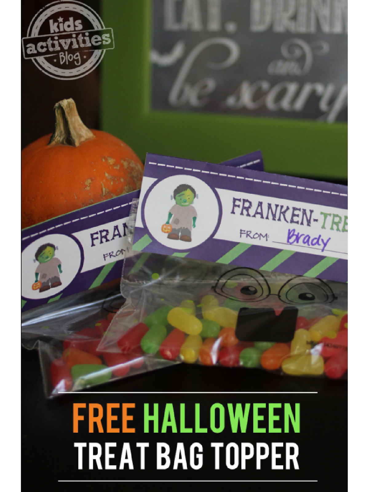 Halloween treat bag- franketstein treat bag filled with candy- Kids Activities Blog