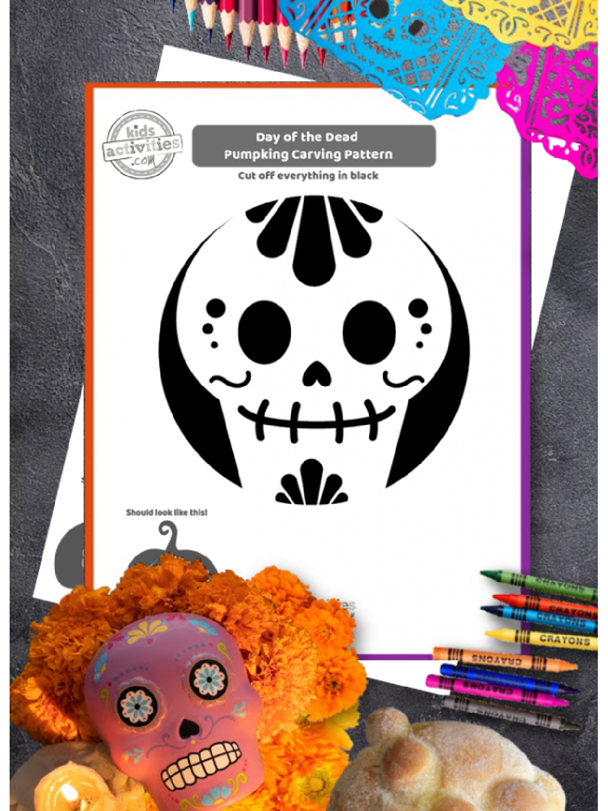 Halloween Pumpkin Carving Template-sugar skull against a day of the dead background - Kids Activities Blog