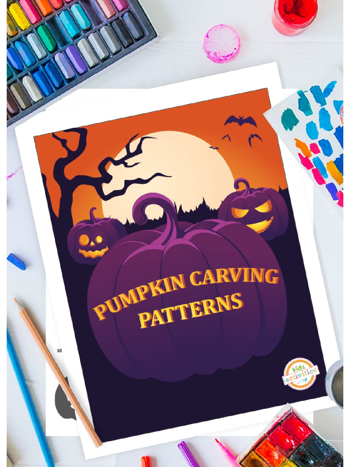 Halloween Pumpkin Carving Template- cover for pumpkin carving patterns with jackolanterns purple and orange- Kids Activities Blog