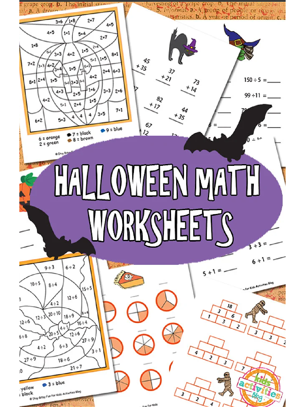 Halloween Printables- math worksheets on a purple background with text and bats -Kids Activities Blog