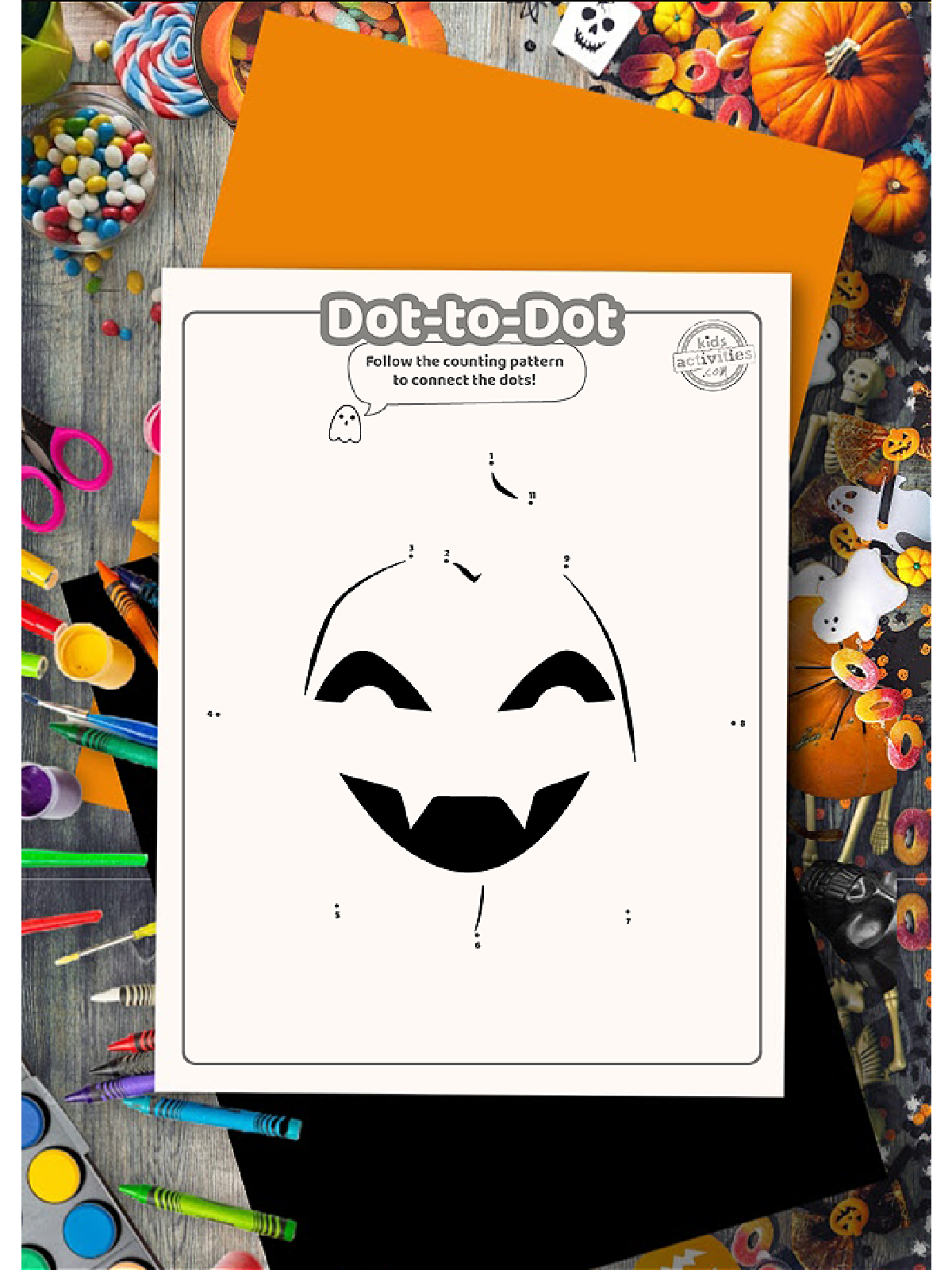 Halloween Printables-Dot to dot ghost sheet on a festive background -Kids Activities Blog