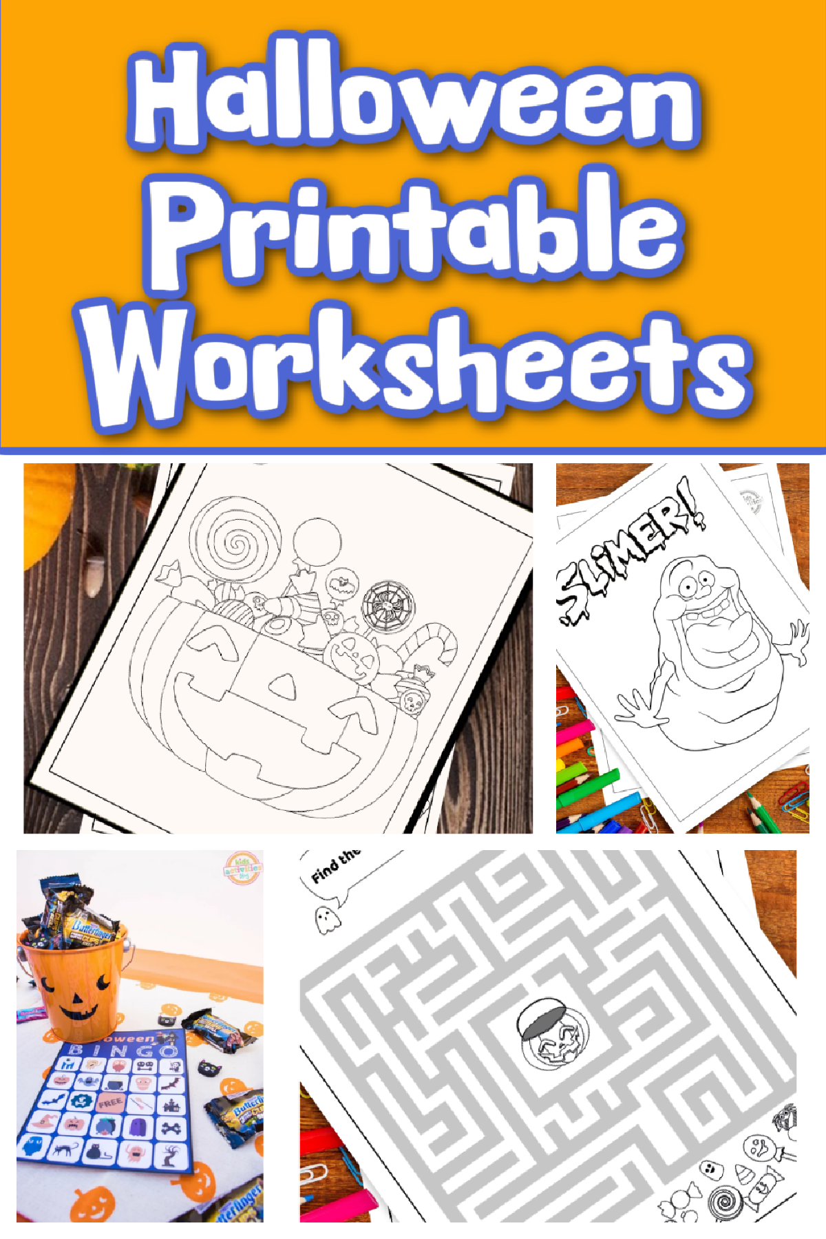 Halloween printables with orange background and purple text- kids activities blog