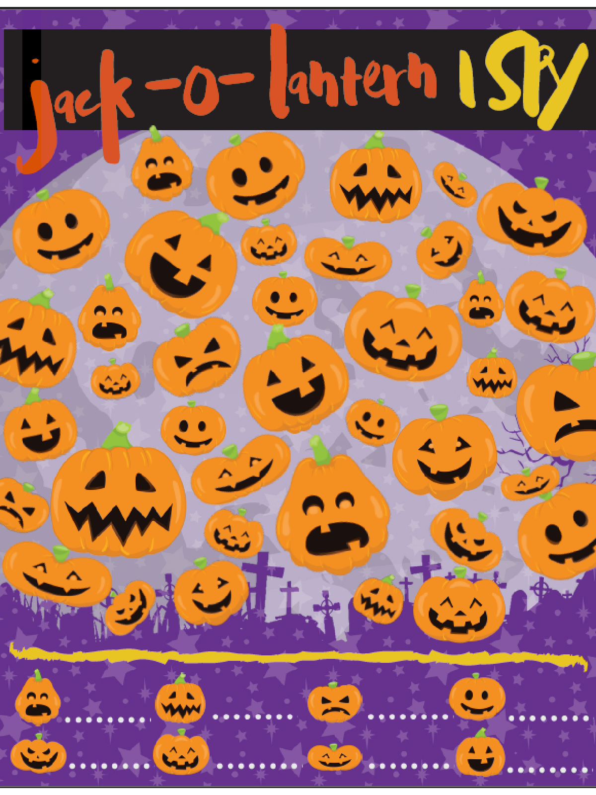 Halloween printable worksheet- text, orange, and purple background printed pdf file with jack o lanterns with various faces- kids activities blog