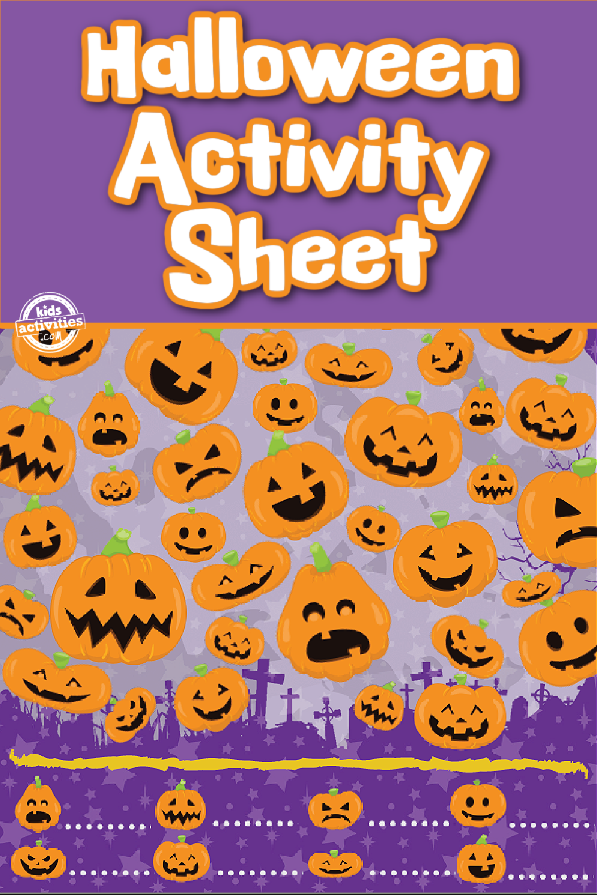 Halloween Printable Worksheet- I spy with jack o lanterns orange and purple with text- kids activities blog