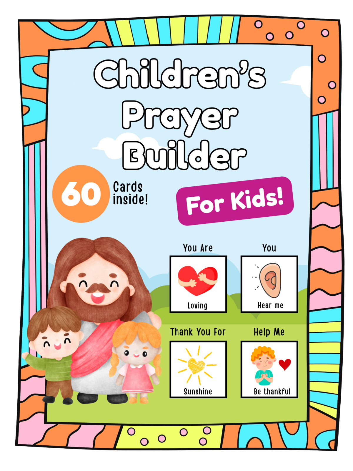 How To pray- cover with Jesus, children, text, and examples of the printable colorful printed pdf file- kids activities blog
