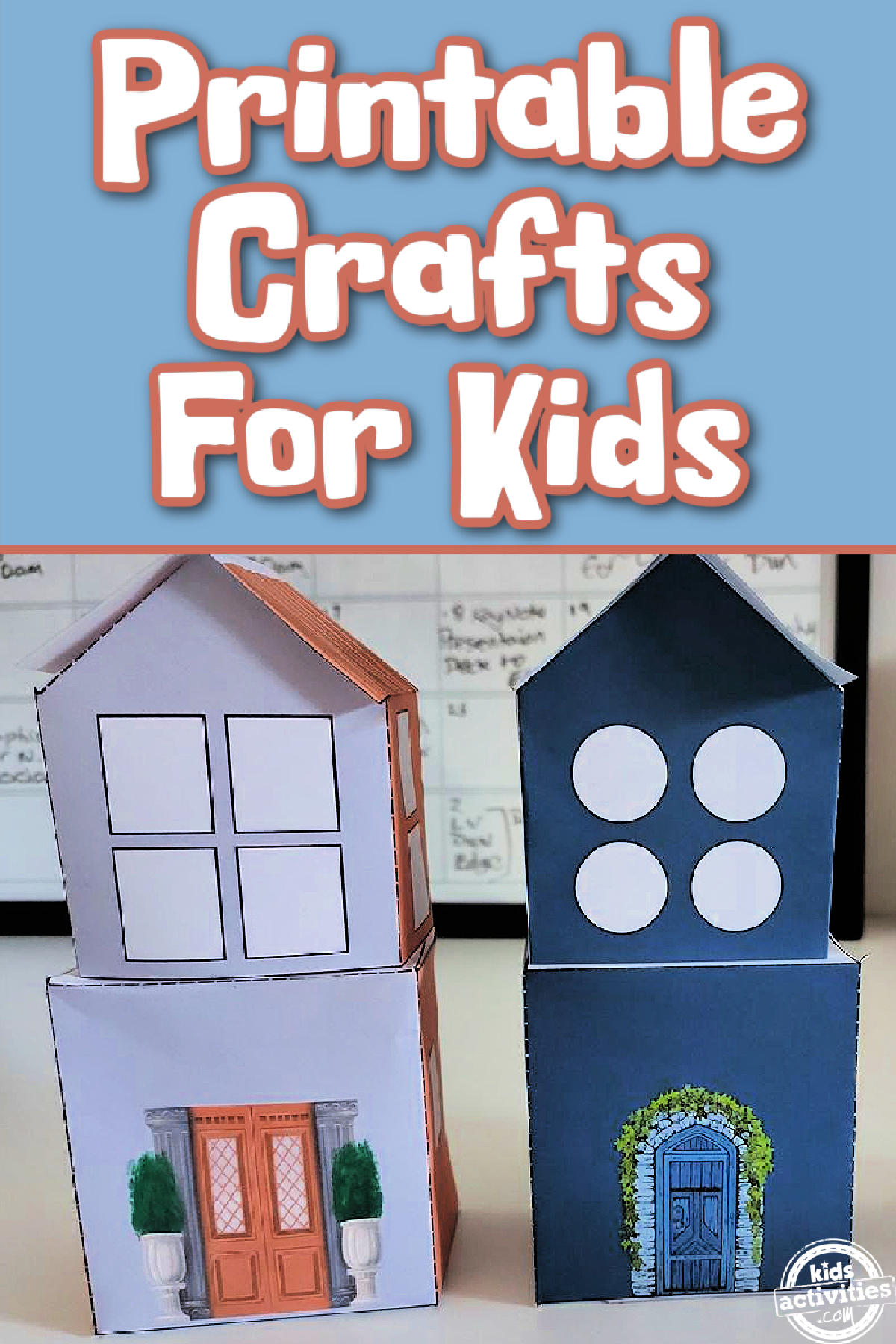 House Lantern- paper houses blue and gray against a white board background with text- kids activities blog
