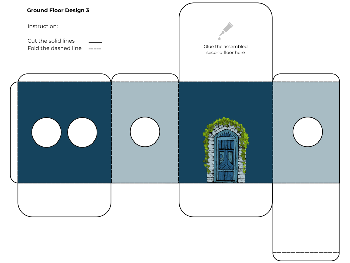 House Lantern- first floor template with blue house and text against a white piece of paper- kids activities blog