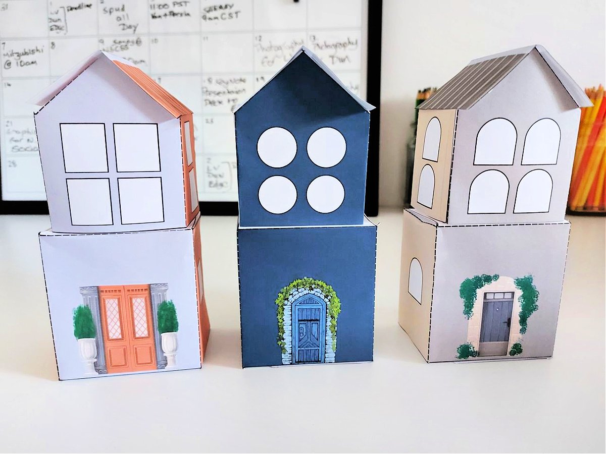 Completed house lanterns white, blue and gray on a white background with dry erase board and pencils- kids activities blog