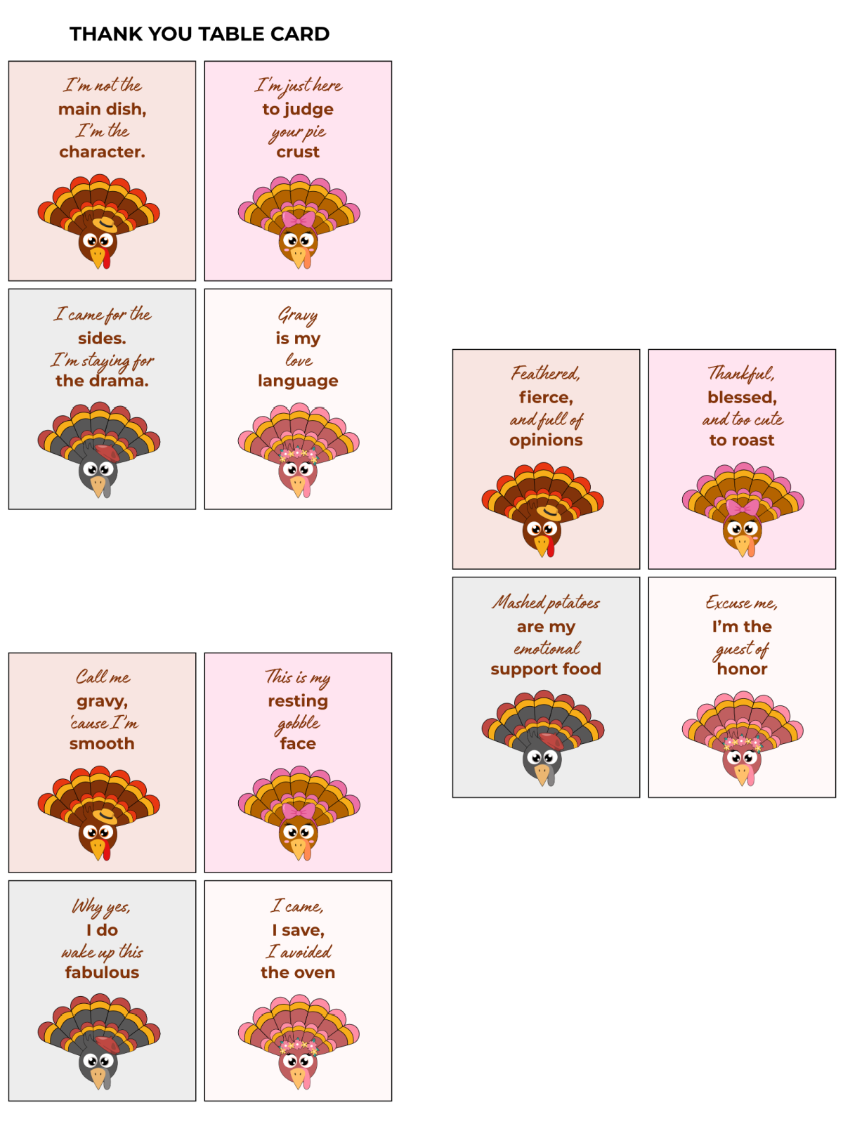 Thanksgiving Table Decor- Thank You Card - Printed PDF File thank you cards with turkey, pink, and text - Kids Activities Blog