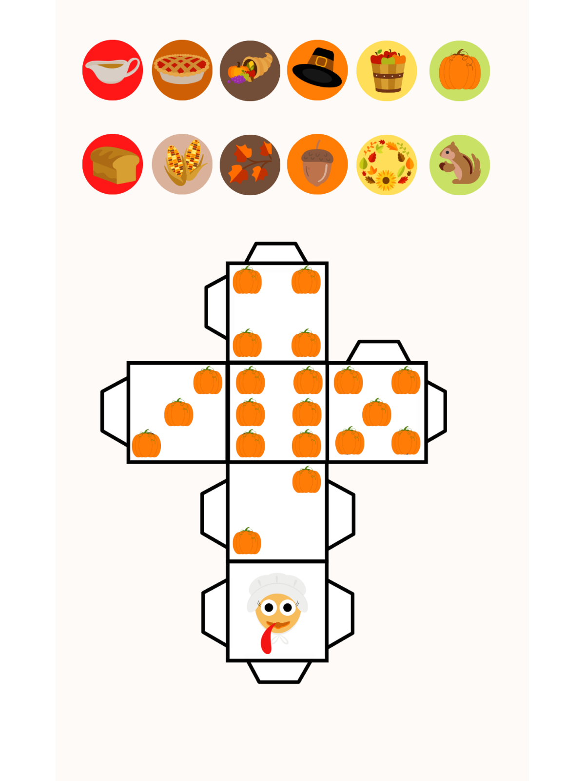 Thanksgiving game- accessories with images and foldable dice- kids activities blog