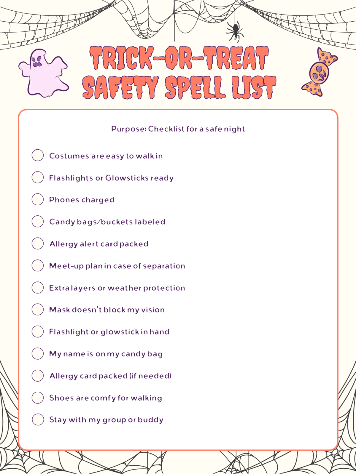 Halloween Printable- safety checklist, colorful words, spooky images, printed pdf file - Kids Activities blog