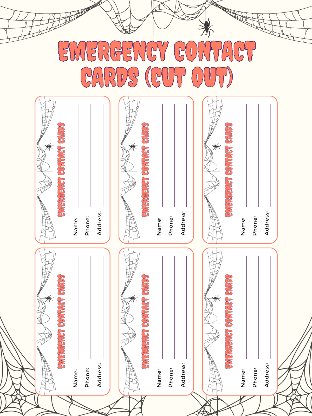 Halloween Printable- emergency cut out cards with colorful text, black text, blanks, and images printed pdf file - Kids Activities blog