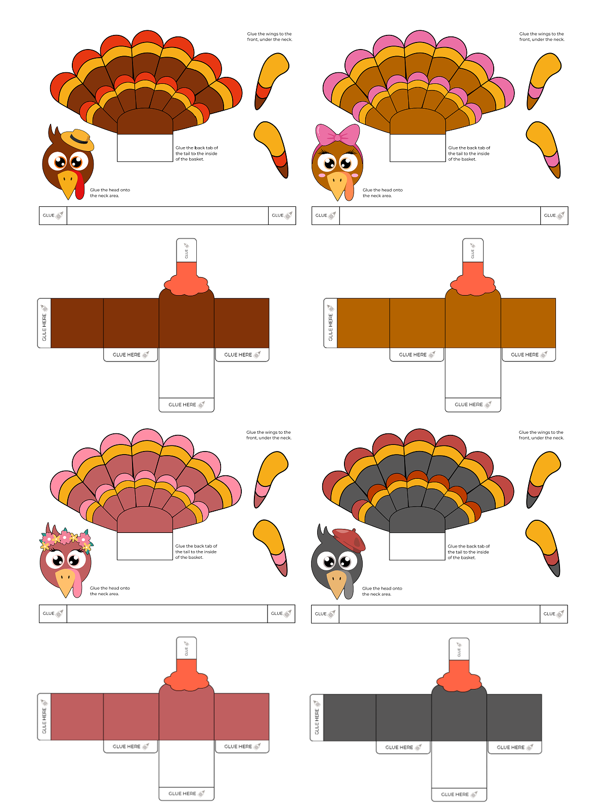 Thanksgiving Table Decor- Turkey Basket - 4 different printable pdf files of turkeys with bands - Kids Activities Blog