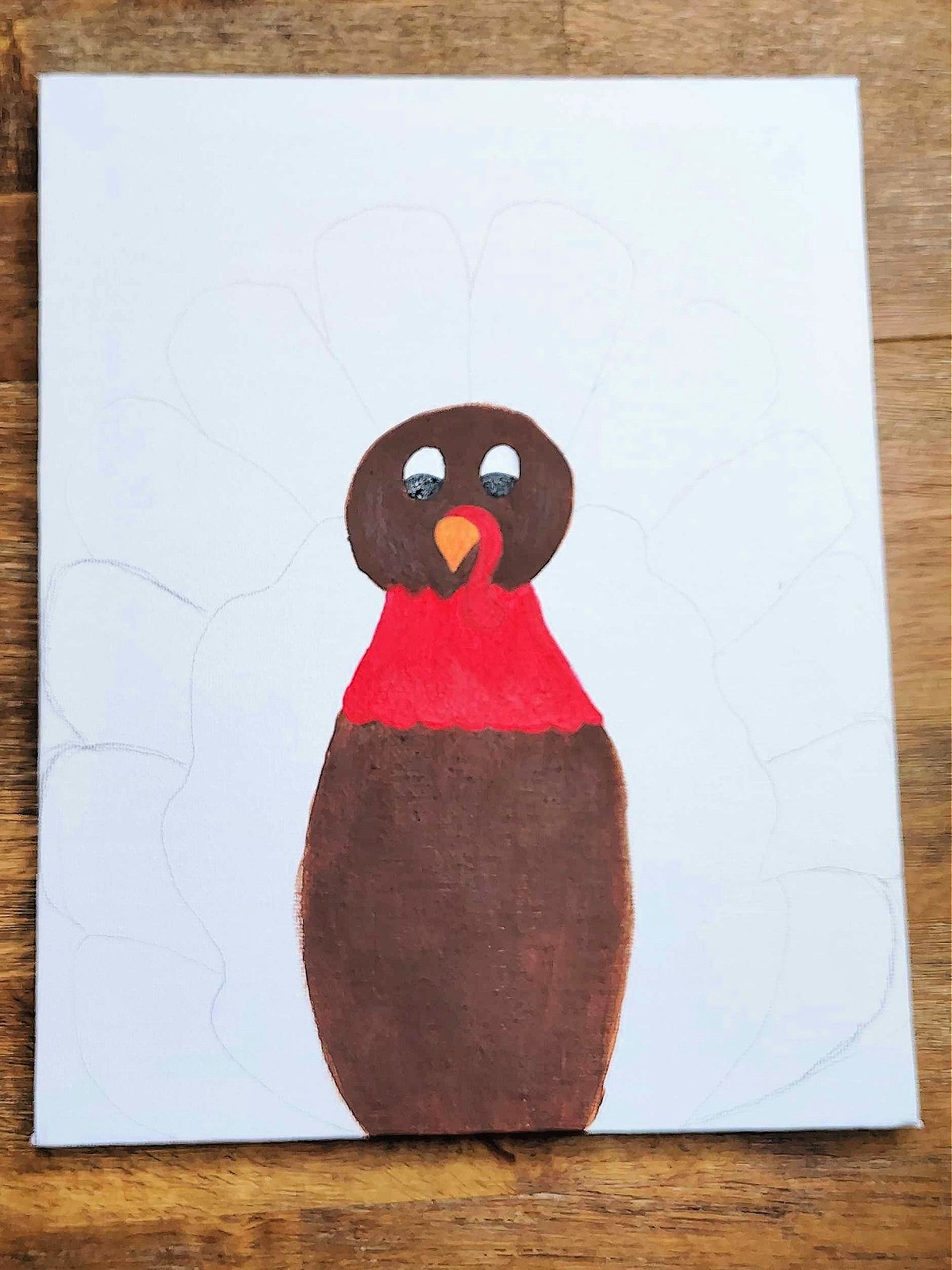 Turkey Painting- Step 4- Paint the eyes black, beak orange, and feathers and snood red - Kids Activities Blog
