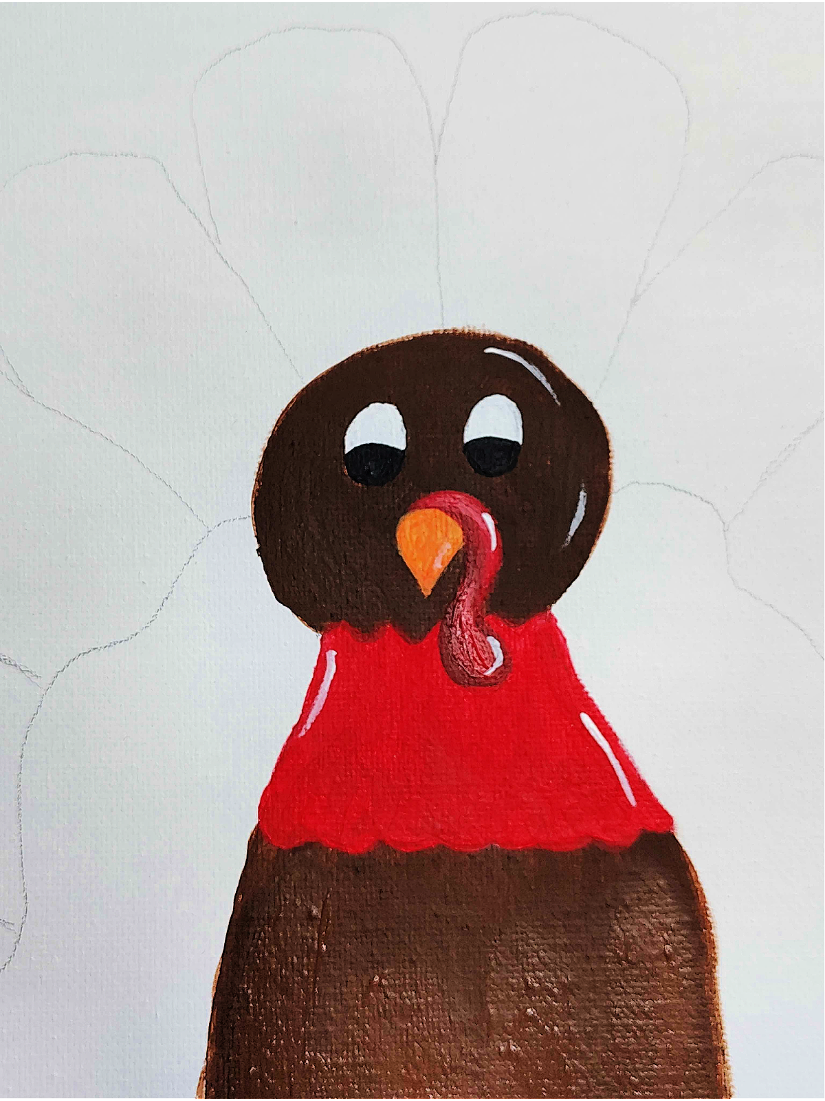 Turkey Painting- Step5 - Add white lines to the head and neck feathers and dark red to the snood- Kids Activities Blog