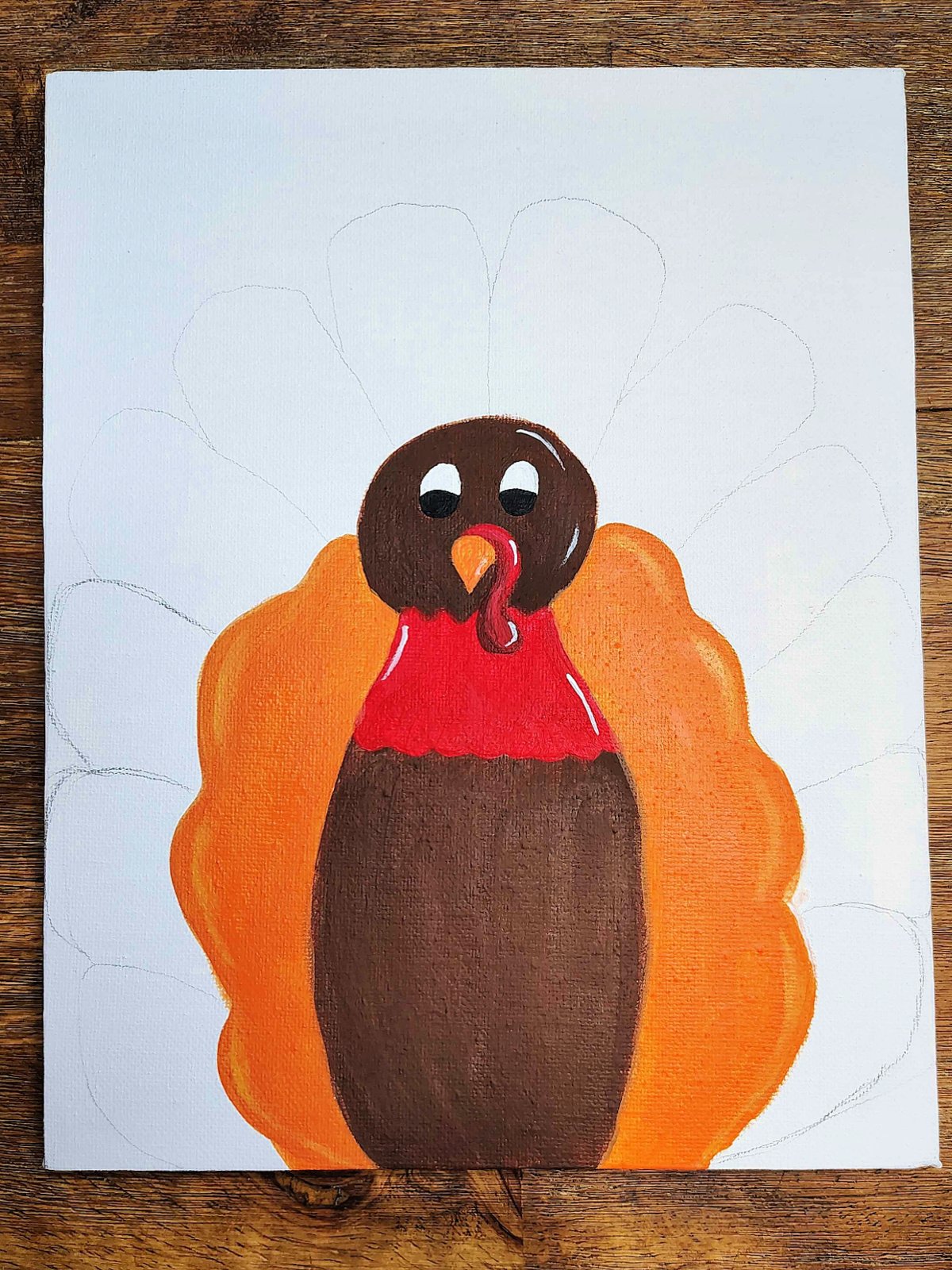 Turkey Painting- Step 6- Paint first layer of feathers orange with yellow outline - Kids Activities Blog