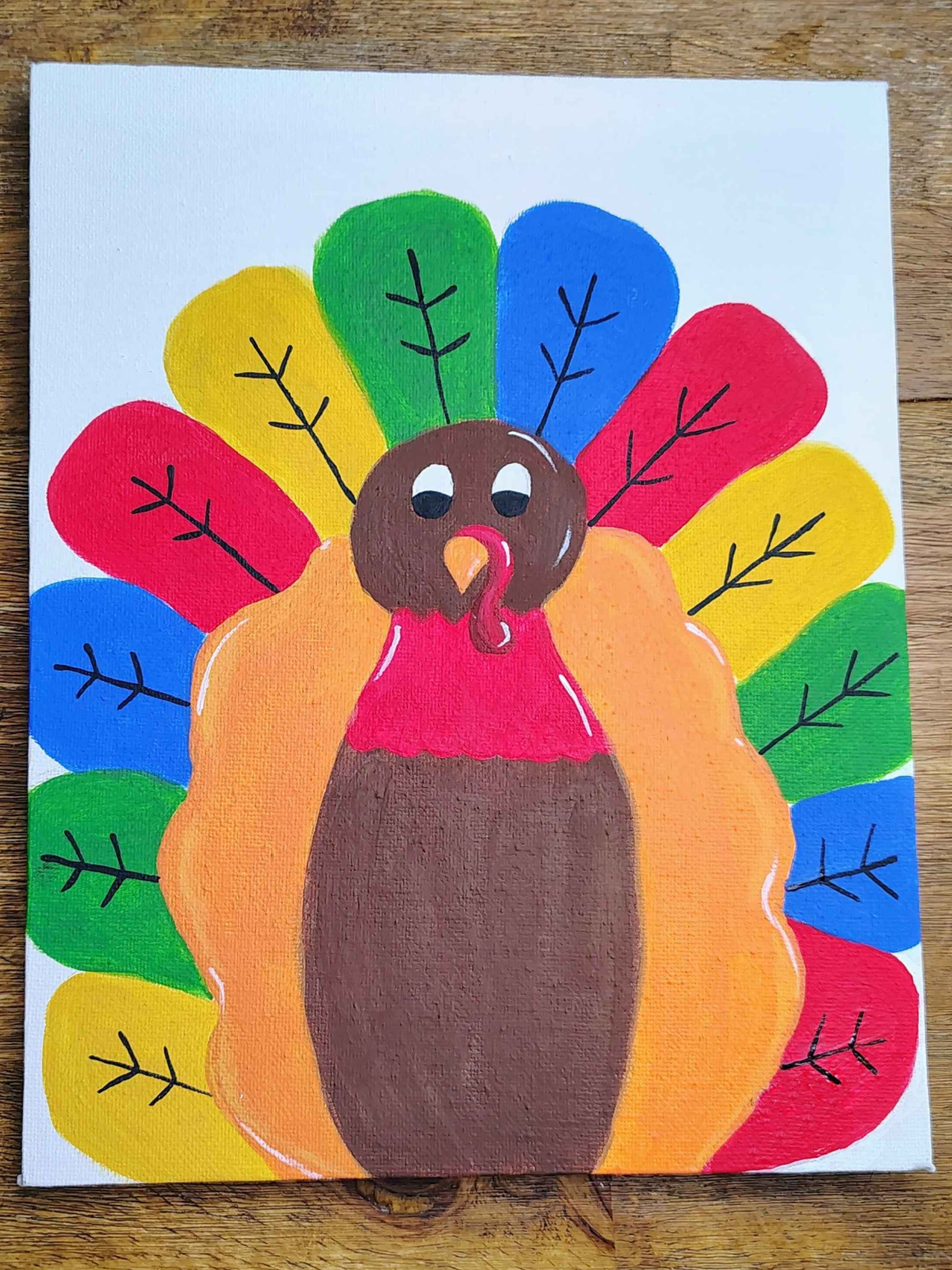 Turkey Painting- Step8 - Use black paint to paint little details in the feather a vertical line with 4 horizontal lines - Kids Activities Blog