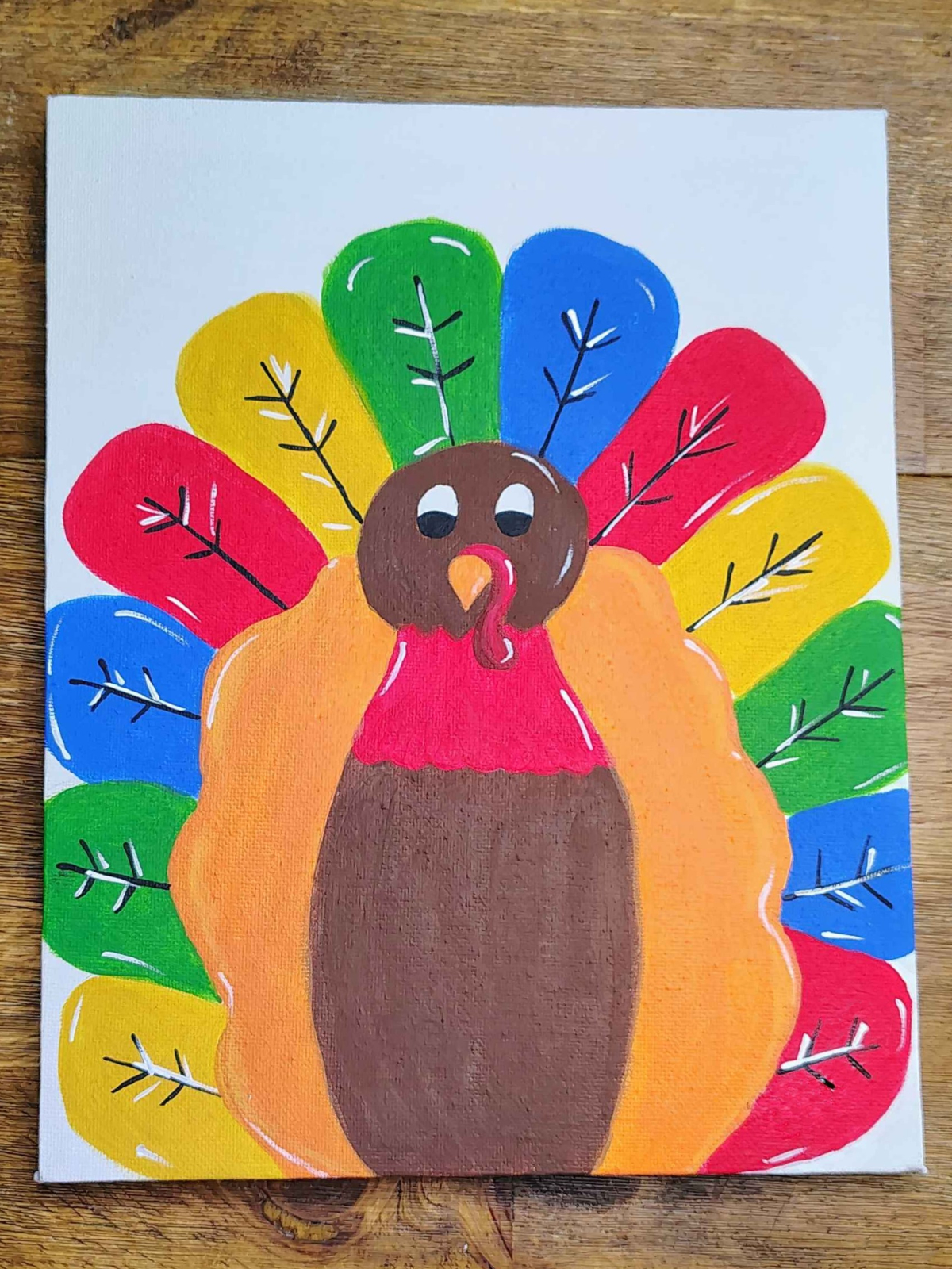 Turkey Painting- Step 9- White lines and details added to the feathers on the edges and over the black lines- Kids Activities Blog