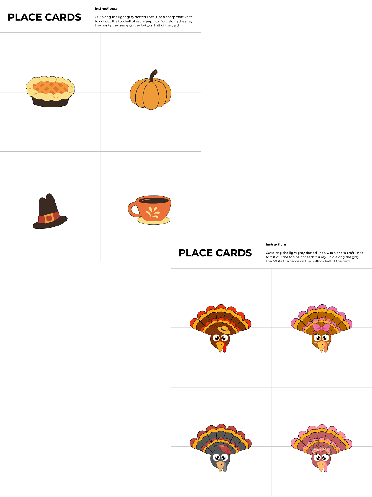 Thanksgiving Table Decor- Place Card - 8 printed pdf file with Thanksgiving turkeys and foods - Kids Activities Blog