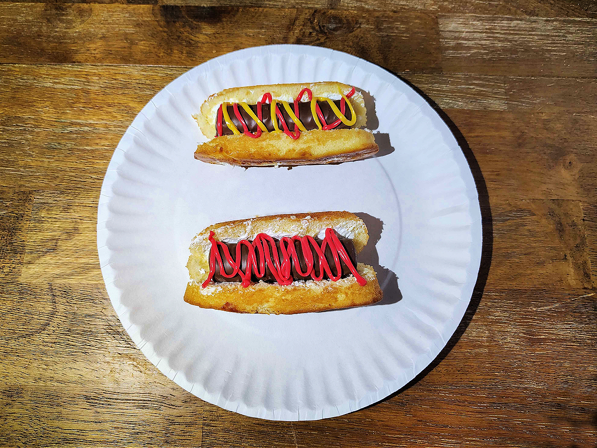 Finished Twinkie hot dogs with ketchup and the other with ketchup and mustard- kids activities blog