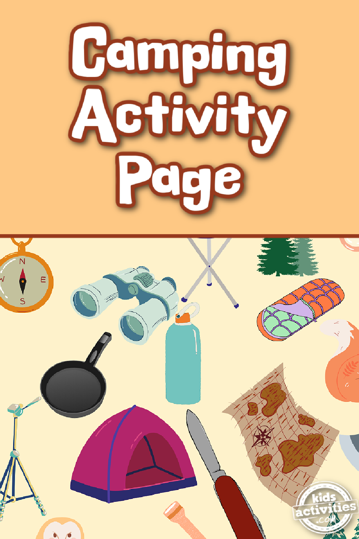 Camping I Spy Printable Worksheet- camping items on beige background with text - Kids Activities Blog