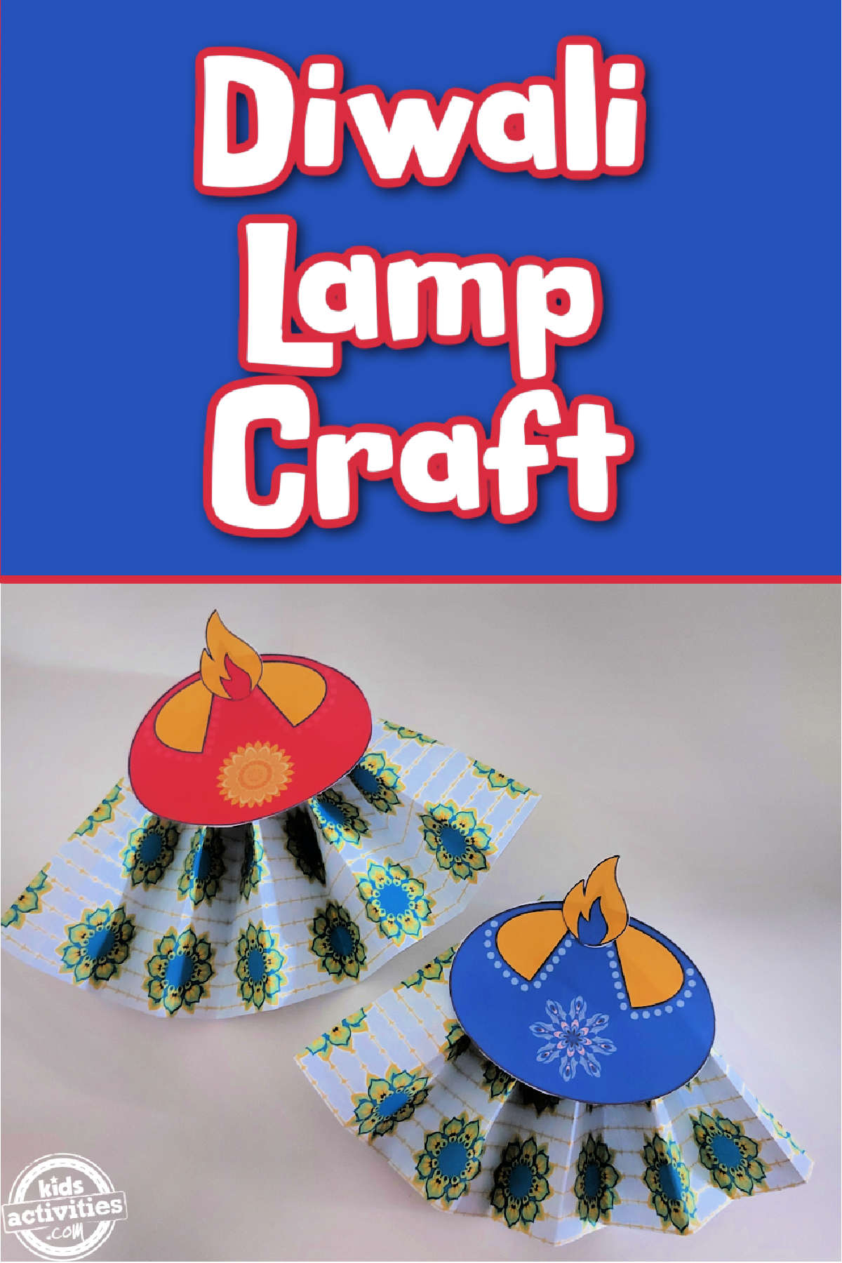 Paper diya craft- red and blue paper diya on a white background with text- kids activities blog