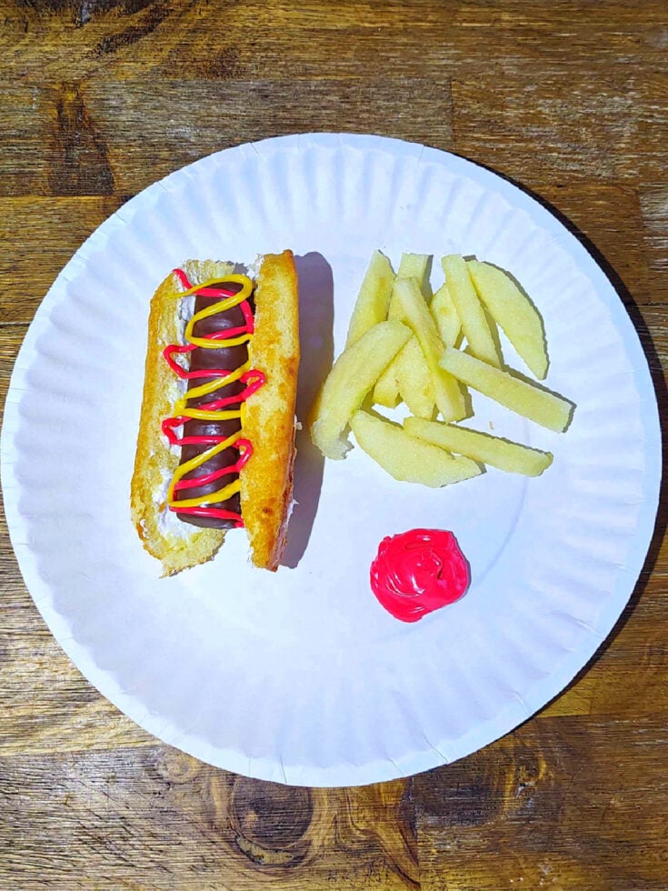 Twinkie Hot Dog- Finished - completed twinkie hot dog with apple fries and icing ketchup -Kids Activities Blog