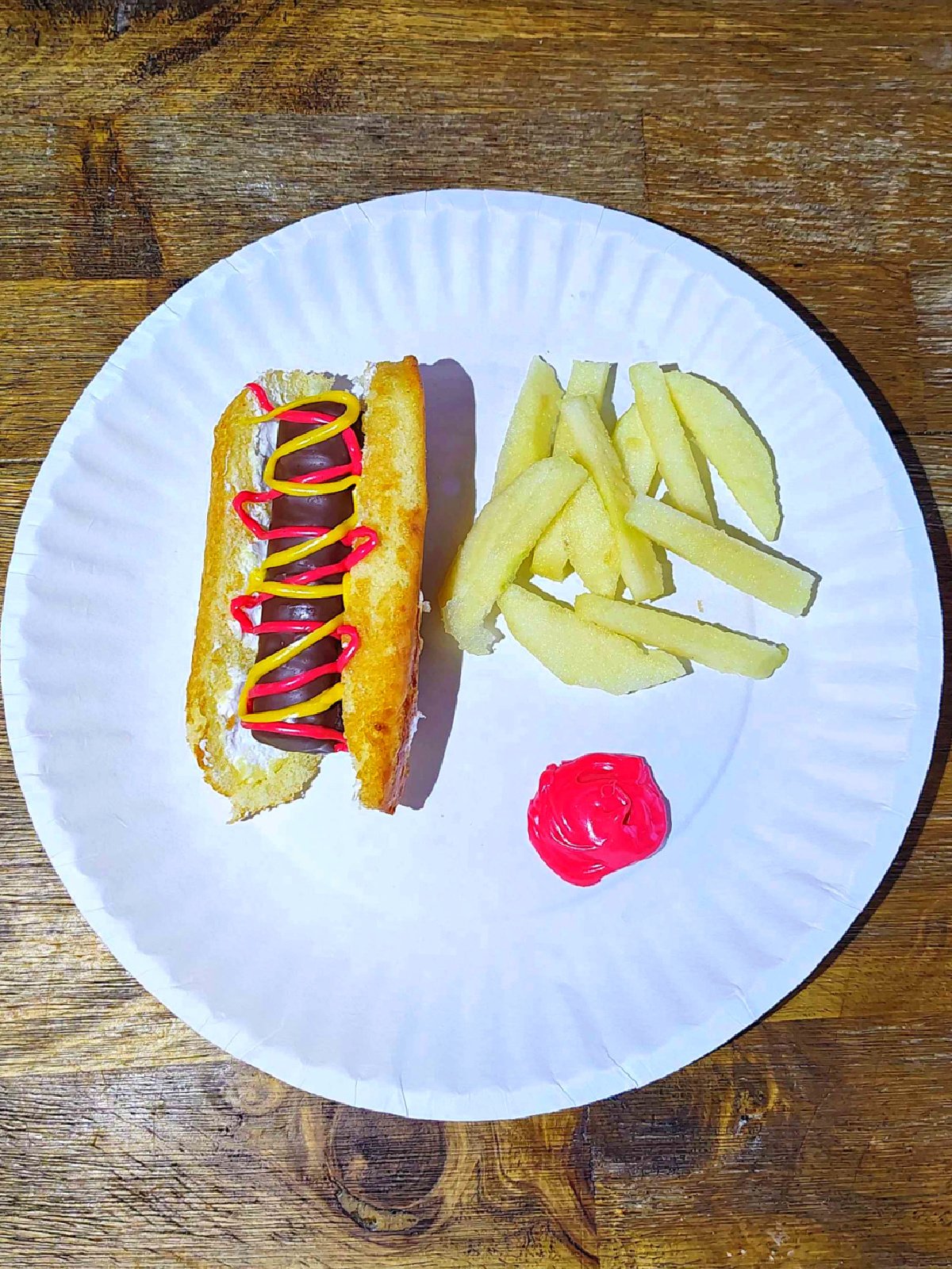 Twinkie Hot Dog- Finished - completed twinkie hot dog with apple fries and icing ketchup -Kids Activities Blog